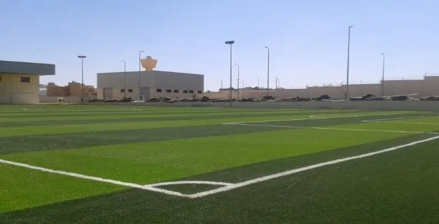 ملعب كرة قدم كبير بالعشب الصناعي وخطوط بيضاء في النهار ومبنى في خلفية الملعب